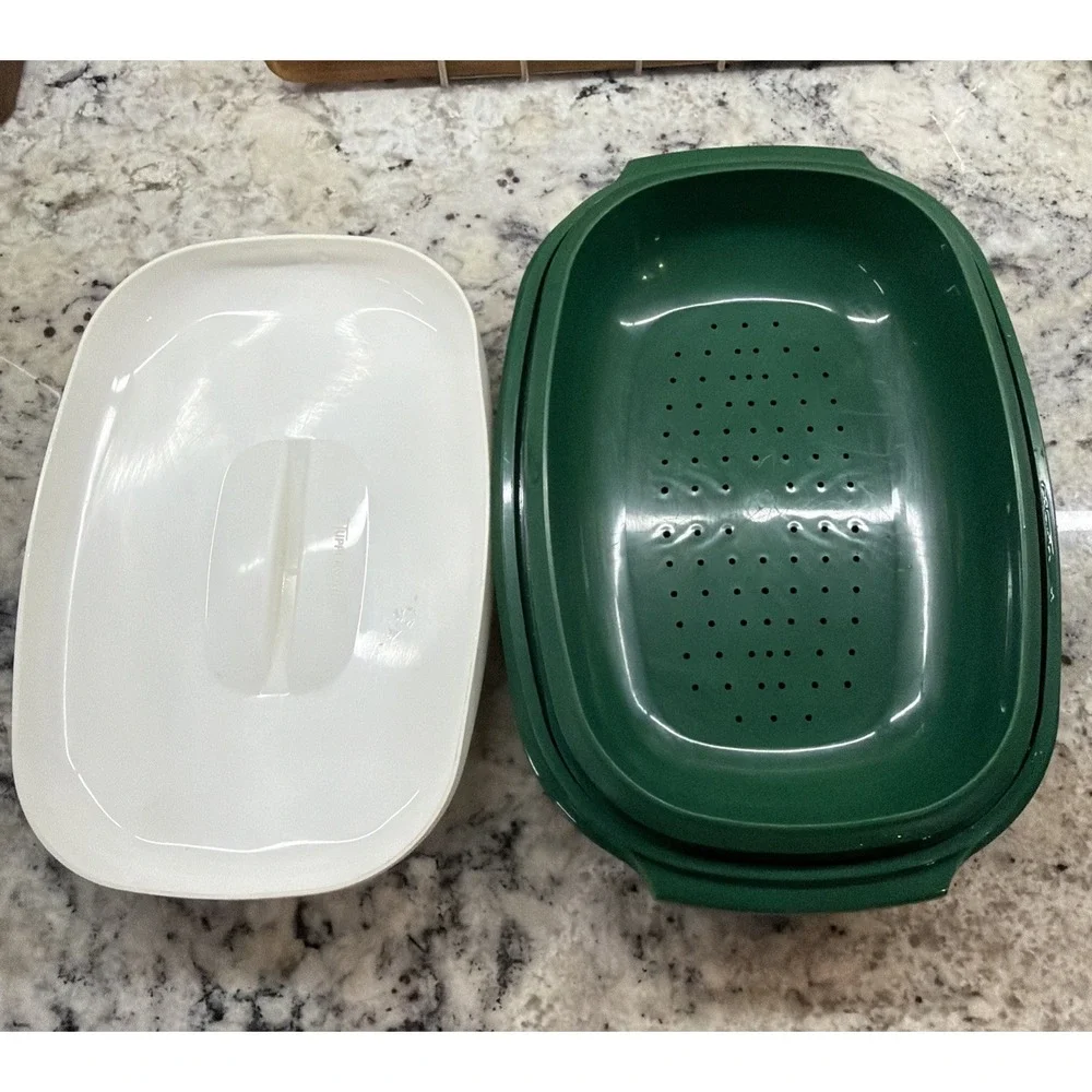 Vintage Tupperware Microwave Steamer Green & White 3 Piece Set